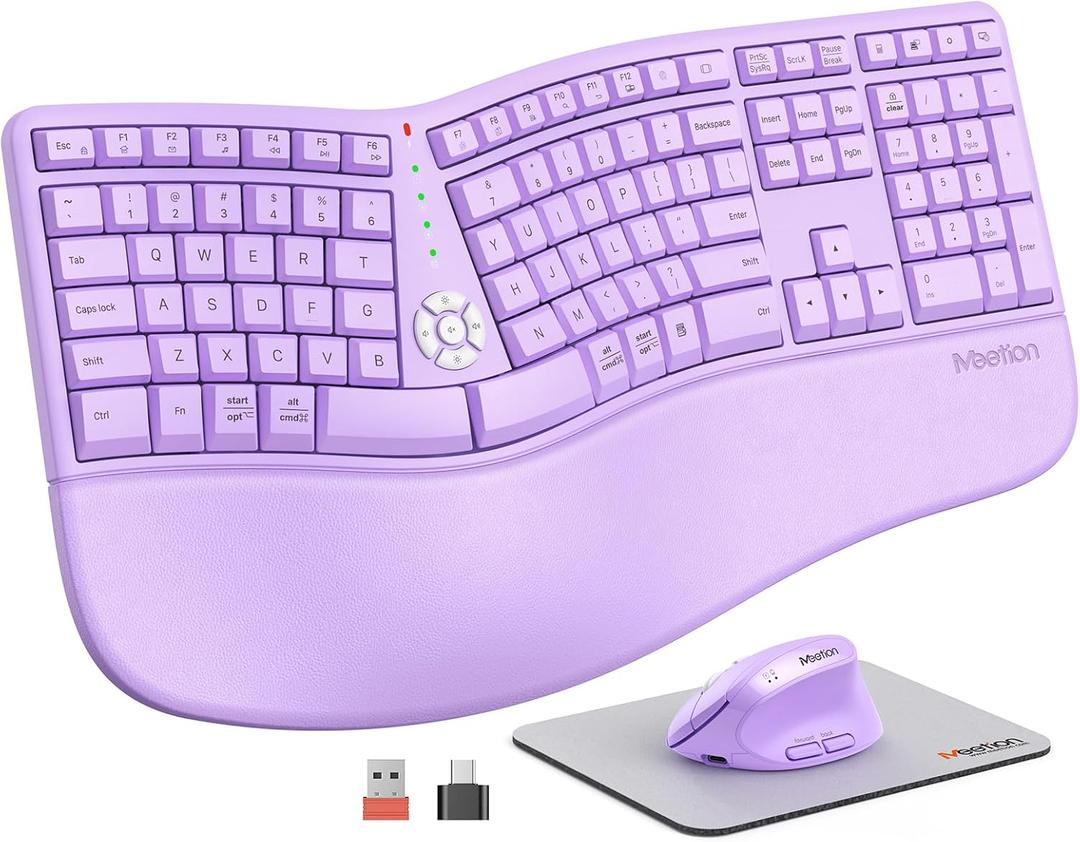 MEETION Ergonomic Wireless Keyboard and Mouse, Curved Keyboard with Vertical Mouse, Split Ergo Keyboard with Wrist Rest, Natural Typing Rechargeable Full Size, Windows/Mac/PC/Laptop, Purple