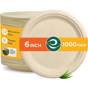 ECO SOUL 100% Compostable 6 Inch Small Paper Plates 1000 [20x50 Pc] Disposable Bulk Party Heavy Duty, Eco-Friendly, Appetizer, Dessert, Wedding Plates I Biodegradable Unbleached Sugarcane Eco Plates
