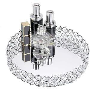 Hipiwe Crystal Make up Tray, Mirror Perfume Tray Bathroom Storage Trays Jewelry Trinket Trays Vanity Cosmetic Organizer Home Decor, Birthday Gift for Women and Girls (Round 9.8 Inch) (10" x 10" x 2.2", Silver)