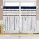 FRAMICS Farmhouse Linen Kitchen Curtains 36 Inch Length Blue Striped Short Curtain for Windows Boho Crochet Small Window Curtains for Kitchen Rod Pocket Tier Curtain for Bathroom, Cafe, 2 Panels