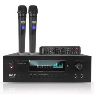 Pyle 1000W 5.2 Channel Home Theater Receiver  Bluetooth 5.0  Amp w/ 2 UHF Wireless Mics  4K UHD/3D/Bluray PassThrough  MP3/USB/HDMI/AM/FM Radio  DSP EQ  Mic Echo & Volume Controls  PT888BTWM