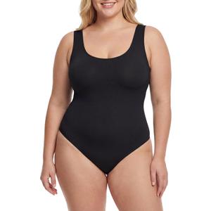 Plus Size Tank Top Bodysuit Women Square Neck Button Thong Double Lined Body Suit Stretchy Backless Bodysuits S-XXL (M)
