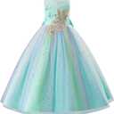 IBTOM CASTLE Pageant Dress for Girls Flower Girl Sleeveless Mesh 3D Butterfly Pearl Floral Sequins Tulle Long Dress Toddler Kids Birthday Party Wedding Formal Ball Gown Teal Green 9-10 Years