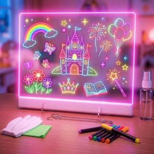 16" LumiBoard LED Drawing Board for Kids - 7 Colors & 10 Modes Rechargeable Acrylic LED Note Board with 7 Markers Cleaning Kit, Sketching & Birthday Gifts for Kids/Girls/Teens (White)