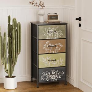 Tohomeor Vintage Dresser Vertical Nightstand with Neutral Botanical Plant Fabric Chest Drawers for Closet Bathroom Storage Tower Unit Bed Side Organizer Farmhouse Rustic (Multi, 4 Drawers) (11.8"D x 15.8"W x 31.5"H (4 Drawers))