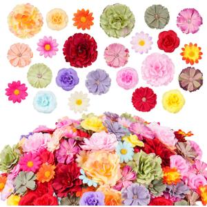 Martine Mall 210 Pcs Mini Silk Flower Heads Small Fake Rose Daisy Faux Flowers Bulk for Crafts Artificial 3D Loose Fabric Flowers Heads Sunflower Bulk for Wedding Hair Cap Dresses Decorations (Bright Colors Mixed)