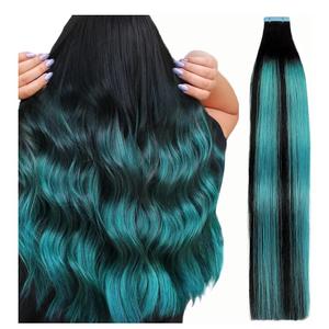 18 Inch Tape in Hair Extensions - 10 Pieces (2g/Piece) 100% Remy Human Hair - Includes Waterproof Tapes - Black Teal Green Balayage
