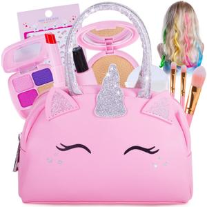 Pretend Play Makeup Kit for Little Girls with Unicorn Purse: Fake (Not Real) Make up Toy Set for Toddlers and Kids - Includes Hair and Nails Accessories, Baby Girl Toys Princess Toddler Gift Set