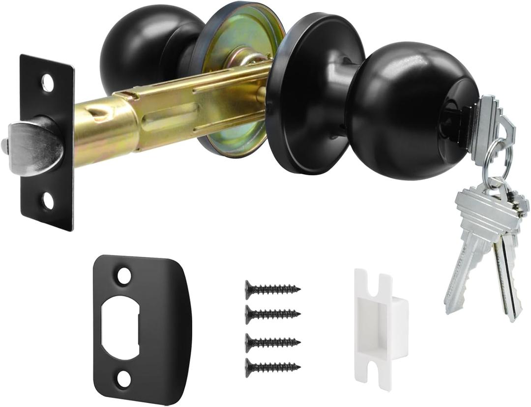5" Backset Latch Keyed Entry Door Knob with Lock and Key, Standard Square Interface Entrance Ball Doors Knobset Lockset, Matte Black