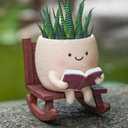 Rocking Chair Smiley Face Planter,Cute Plant Pots for Indoor Outdoor Plants,Succulent Pots with Drainage Hole,Unique Funny Flower Pot for Succulents,Plant Gifts for Mother's Day, Birthday, Christmas (Type A-khaki)