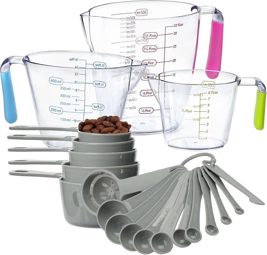 20-Piece Measuring Cups and Spoons Set, Nesting Plastic Measuring Cups Spoons, Plastic Measuring Cup with OZ & Cup Scale for Dry and Liquid Ingredients, Kitchen Cooking Baking, Essential Kitchen Tools