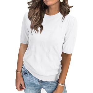 Arach&Cloz Women's Fashion Spring Summer Tops 2026 Short Sleeve Sweater Crew Neck Knit Pullover Dressy Easter Shirt Business Casual Work Outfits White XL