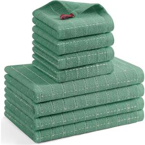 Mordimy 100% Cotton Terrycloth Kitchen Towels and Dishcloths Sets, Soft and Absorbent Checkered Dish Towels, Quick Drying Dish Rags for Washing Dishes, 4 Pack 16" x 26" & 4 Pack 12" x 12", Grass Green