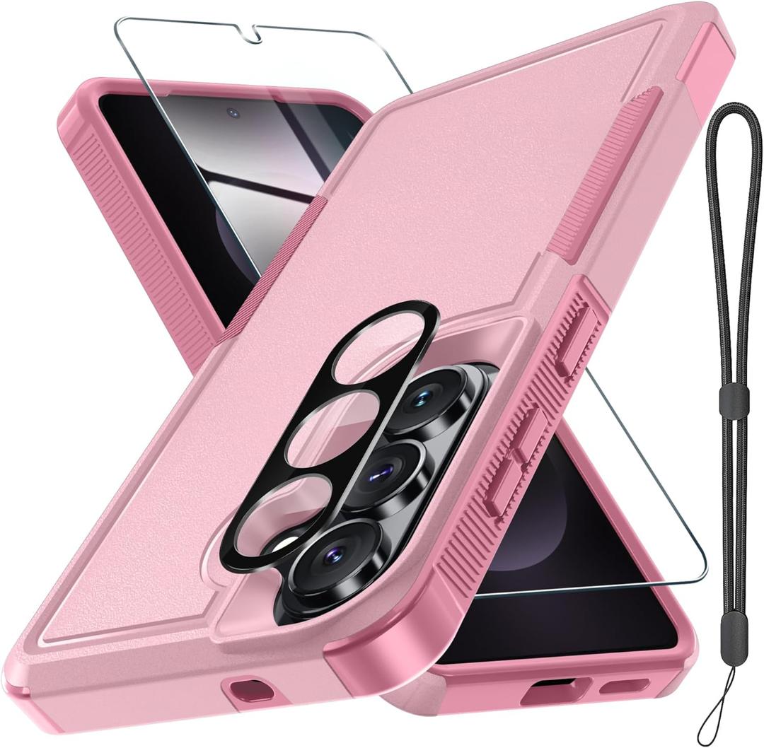 for Samsung Galaxy S26+ Plus Case with Screen Protector+Camera Lens Cover,Military Grade Heavy Duty Shockproof Phone Cover with Wrist Lanyard Strap for Samsung S26Plus,Cute Pink