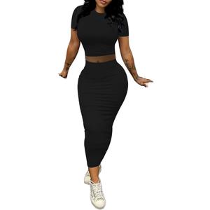 PINSV 2 Piece Outfits For Women Sexy Dress Short Sleeve Crewneck Crop Top Maxi Bodycon Dress Long Skirt Set Casual Dresses (Large, Black)