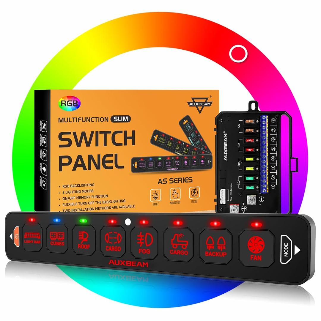 Auxbeam 8 Gang Slim Switch Panel RGB AS-R80 Toggle Momentary Pulsed Dimmable Backlight 80A Multifunction Switch Panel with Memory Function for 12-24V Truck Offroad Car Marine 
