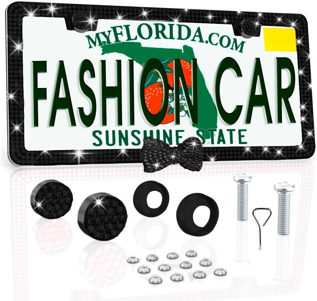 Fashion Car Ultra Bling Fashion License Plate Frame Cover Shiny Especially Brilliant. Stainless Steel Bright Rhinestones. Shiny (Black Bow Black)