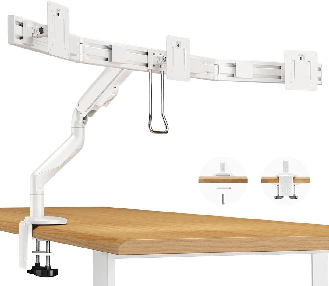 Triple Monitor Mount with Crossbar Handle, Fully Adjustable 3 Monitor Desk Mount, VESA 75x75/100x100, Aluminum, White
