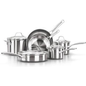 Calphalon Classic Stainless Steel Cookware Set, 10-Piece, Impact-Bonded Aluminum Base, Stay-Cool Handles, Oven Safe 450F, Silver