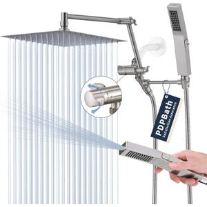 PDPBath All Metal Rain Shower Head with Handheld Spray Combo, 10'' Rainfall Shower Head with 16'' Adjustable Arc-shaped Extension Arm, with Adjustable Brass Bracket and 79" Shower Hose, Brushed Nickel