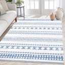 Boho Area Rug 5' x 7' - Machine Washable, Low Pile, Farmhouse, Modern Geometric, Stain Resistant for Living Room, Bedroom, Dining Room - Blue