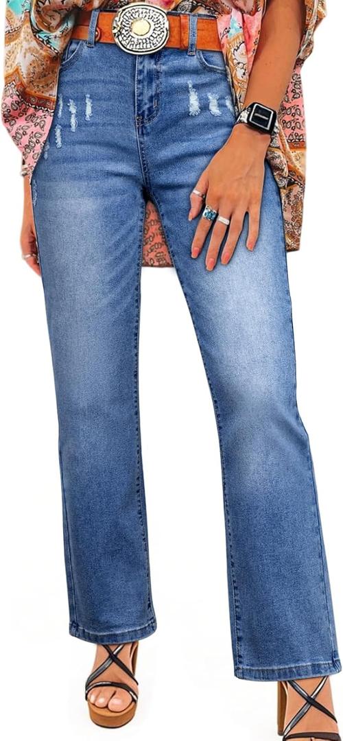 SHEWIN Straight Leg Jeans for Women Trendy High Rise Tapered Flare Jeans Stretchy Wide Leg Ankle Denim Pants with Pockets (8, Beau Blue)
