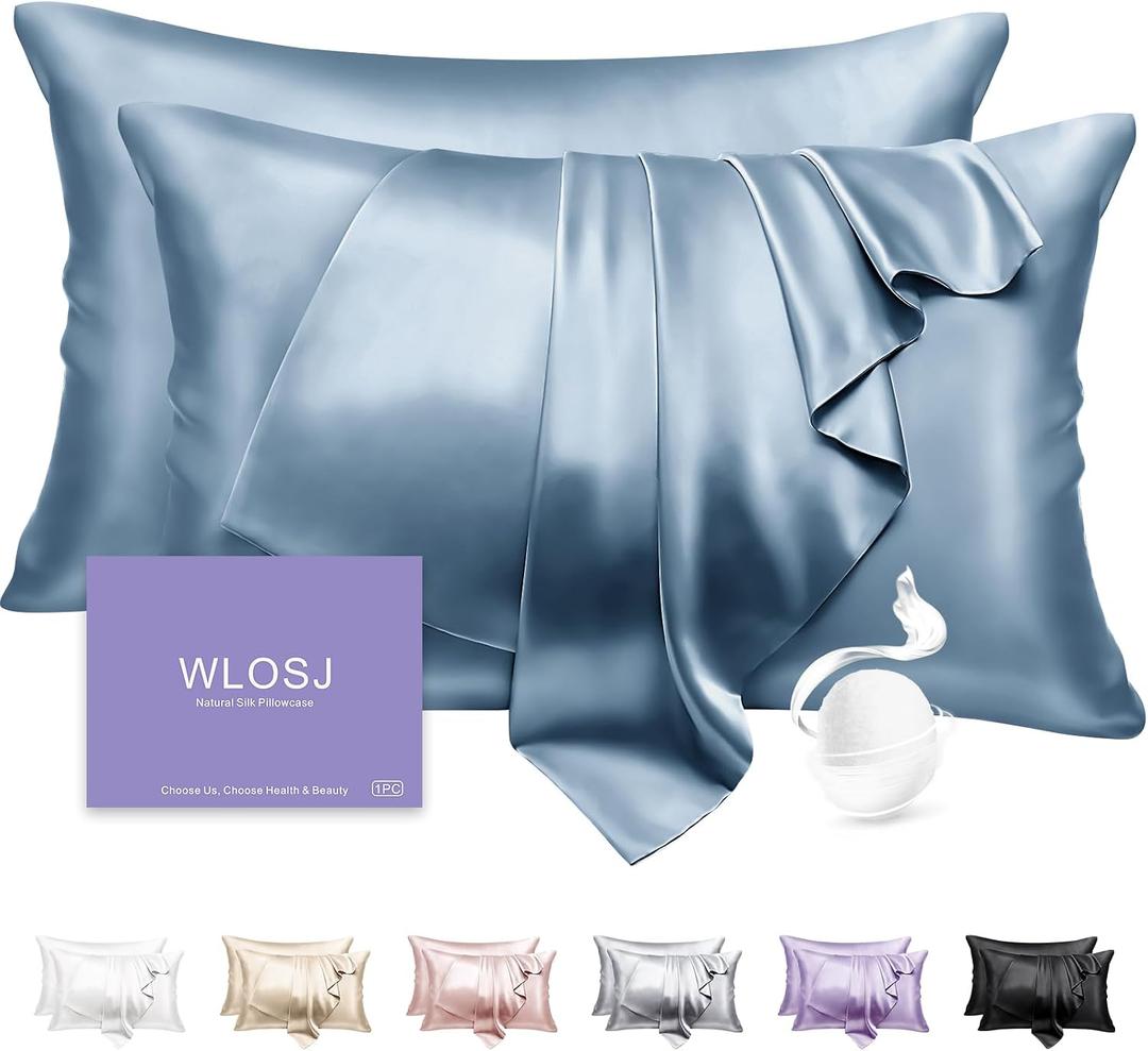 100% Silk Pillow Cases 2 Pack Queen Size Mulberry Silk Pillowcase Set of 2 for Hair and Skin 22 Momme Highest Grade 6A Silk Cooling Soft Smooth with Zipper 20 x 30 Inches, Grey Blue