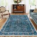 LIVEBOX Washable Rug 5x7, Soft Blue Area Rugs for Living Room, Floral Rug for Bedroom, Boho Distressed Rugs Non Slip, Low Pile Vintage Indoor Carpet for Dining Room Home Decor 