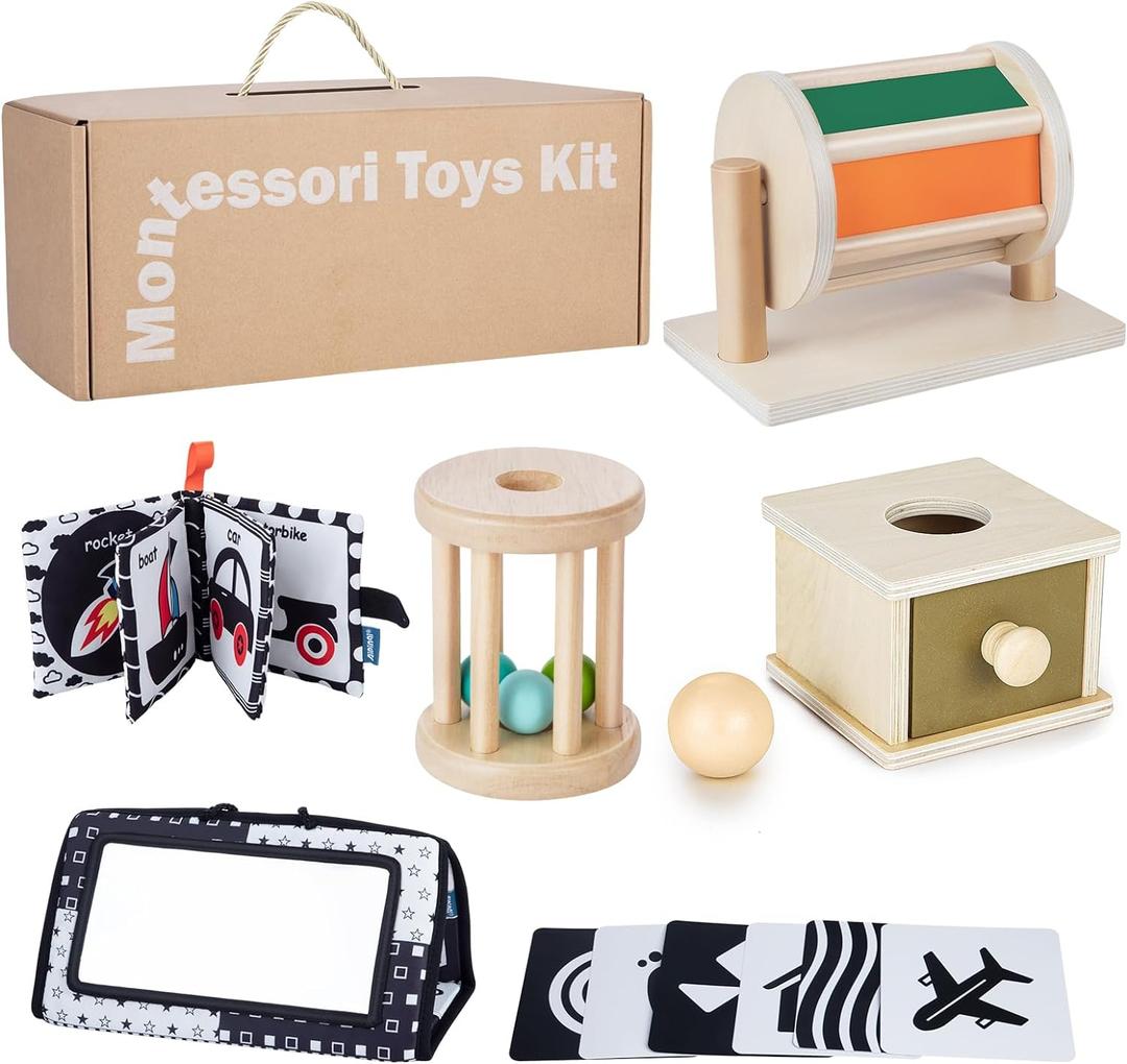 Montessori Toys for Babies 0-6 Months, 6 in 1 Learning Educational Set for Newborn, Toddlers Gifts Includes Spinning Drum, Object Permanence Box, Baby Roller Tummy Time Mirror and More Montessori Toys for Babies 0-6 Months, 6 in 1 Learning Educational Set for Newborn, Toddlers Gifts Includes Spinning Drum, Object Permanence Box, Baby Roller Tummy Time Mirror and More