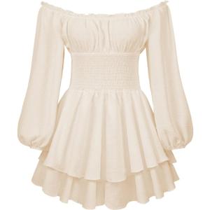 Fabumily Women Puff Sleeve Romper Off Shoulder Ruffle Dress with Shorts Long Sleeve Flowy Layered Pirate Jumpsuit Playsuits (L)