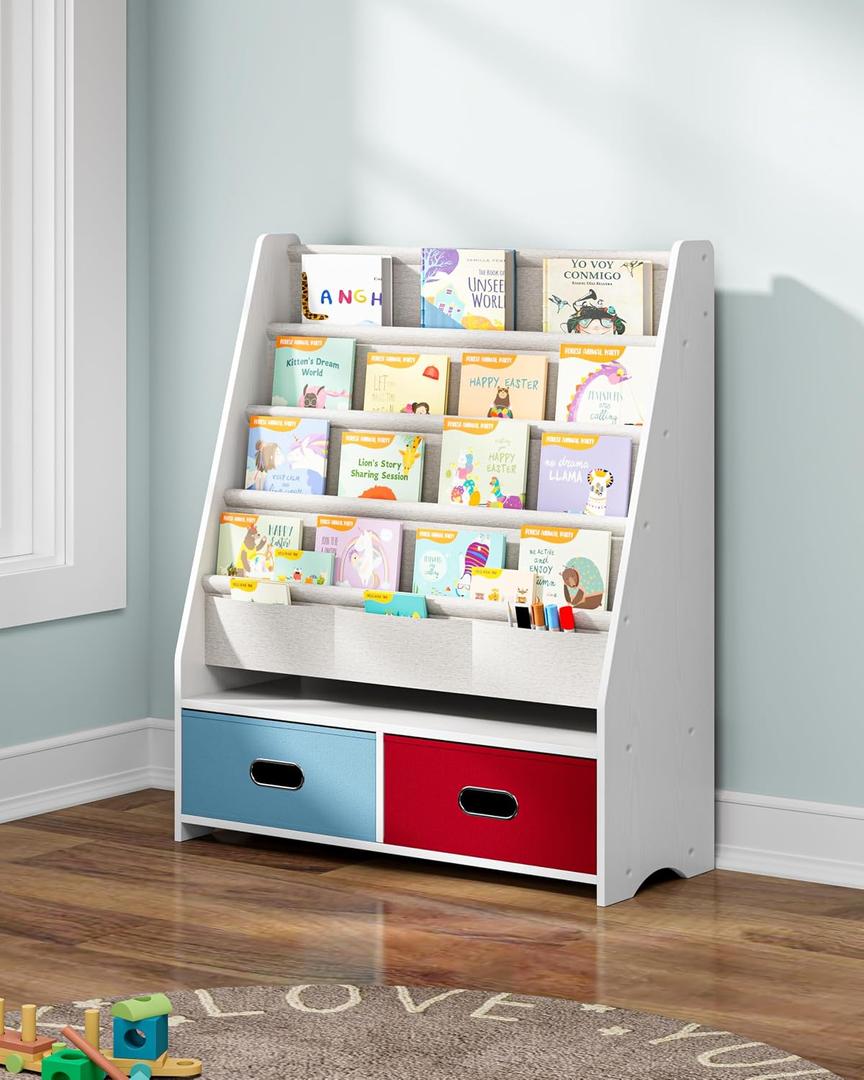 SEIRIONE Sturdy Kids Bookshelf, 5-Tier Book Shelf for Kids Room, Nursery Room, Playroom Classroom, Deep Slings to Keep Books Upright, Ideal Height for Toddler Age 3+, White