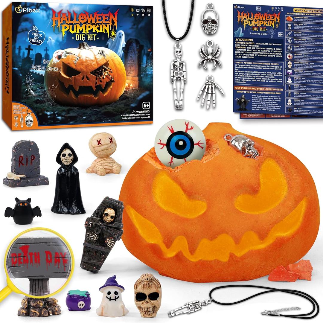 PIBEX Spooky Pumpkin Dig Kit Excavation Science Kit with 14 Hidden Treasures (4 Metal Charms + 10 Creepy Minis) DIY Necklace Craft & Archaeology Adventure Toy for Kids Ages 6+