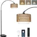 eyassi Arc Floor Lamp with Remote, Modern LED Floor Lamp with Dimmable Bulb, Boho Farmhouse Standing lamp with Fabric & Rattan Lampshades, Height Adjustable Black Tall Lamp for Living Room Bedroom
