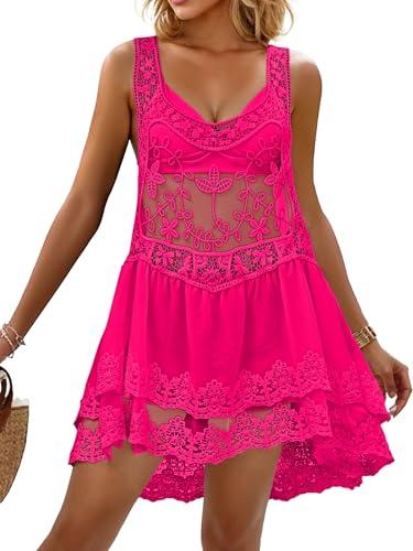 Eomenie Women's Swimsuit Lace Cover Up Loose Sheer Sleeveless Swim Cover Sexy Backless Bathing Suit Coverup Beach Dress Pink, Size: M