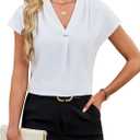 Blooming Jelly Womens Dressy Casual Blouse Business Casual Work Tops Metallic Accent V Neck Shirts Cap Sleeve Pleated Outfit (White, XL)