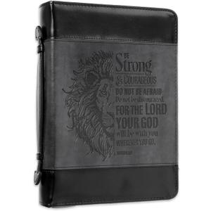 Christian Art Gifts Classic Faux Leather Bible Cover for Men and Women: Be Strong and Courageous - Joshua 1:9 Inspirational Bible Verse with Lion, Gray and Black, Large