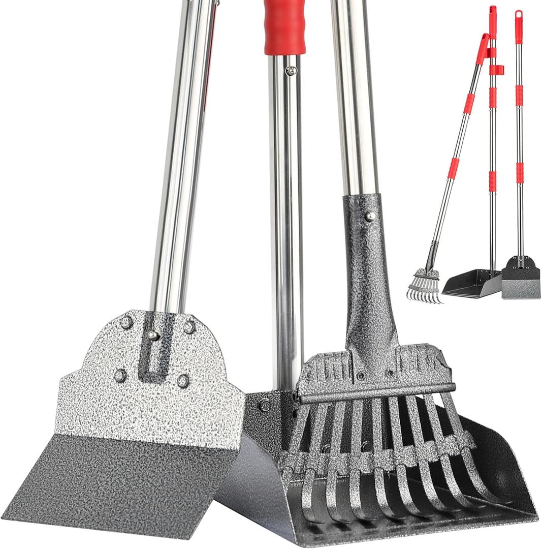 FUSBUNTY Pooper Scooper, Long Handle Dog Pooper Scooper, Heavy Duty Stainless Steel Rake with Tray & Spade Set for Pet Waste Removal, for Grass, Dirt or Gravel (Red)