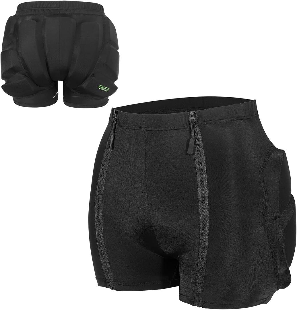 Kids Padded Shorts with Zipper, Crash Butt Pads for Hip Tailbone & Butt,Snowboard Impact Protective Pad Pants for Youth Child (XX-Small, Black)