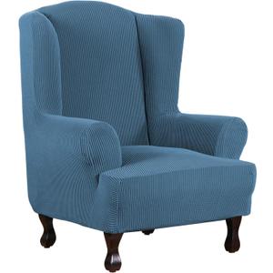 H.VERSAILTEX Wing Chair Slipcover Chair Covers for Wingback Chairs Wingback Chair Covers Slipcovers 1 Piece Stretch Sofa Cover Furniture Protector Soft Spandex Jacquard Checked Pattern, Dusty Blue