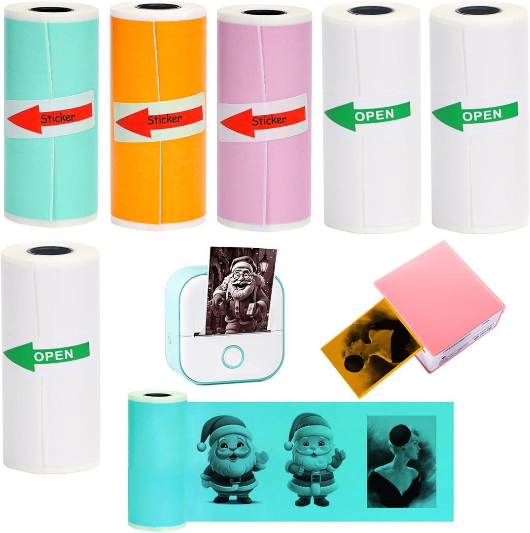 6 Rolls Colored Thermal Sticker Paper for Phomemo T02/M02/M02S PRO Mini Printer,Self-Adhesive Paper 53 * 28mm,HD Label for Pocket Inkless Portable Photo Printer to Print,Note,List (3 White+Orange+Purple+Green)
