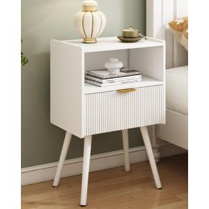 White Nightstand, Modern Bedside Table with Storage Drawer and Open Wood Shelf, for Living Room, Bedroom and Small Spaces, Accent Night Stand with Solid Wood Legs, Easy Assembly, Classic White