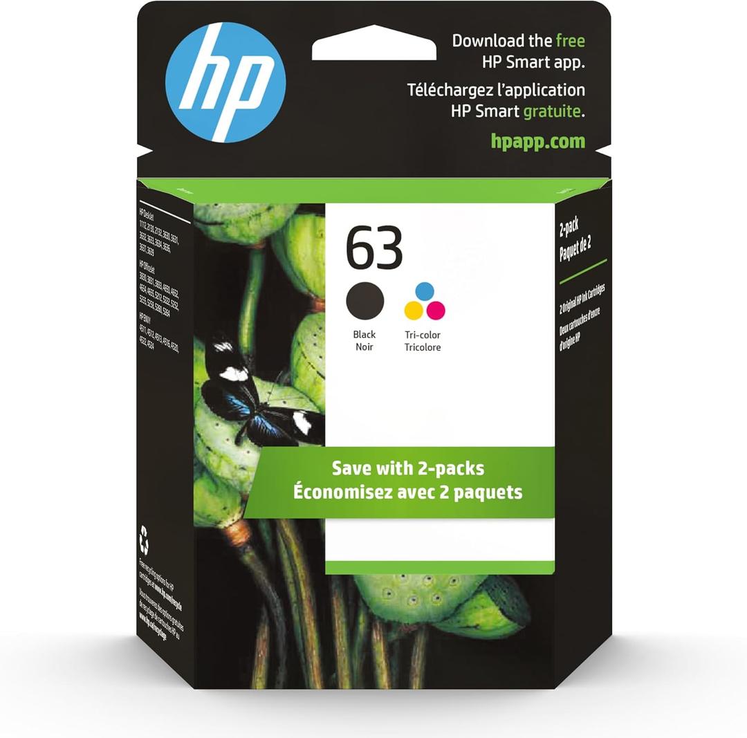 HP 63 Black, Tri-Color Ink Cartridge Printers (2-Pack), Works with DeskJet 1112, 2130, 3630 Series; Envy 4510, 4520; OfficeJet 3830, 4650, 5200, Eligible for Instant Ink, L0R46AN
