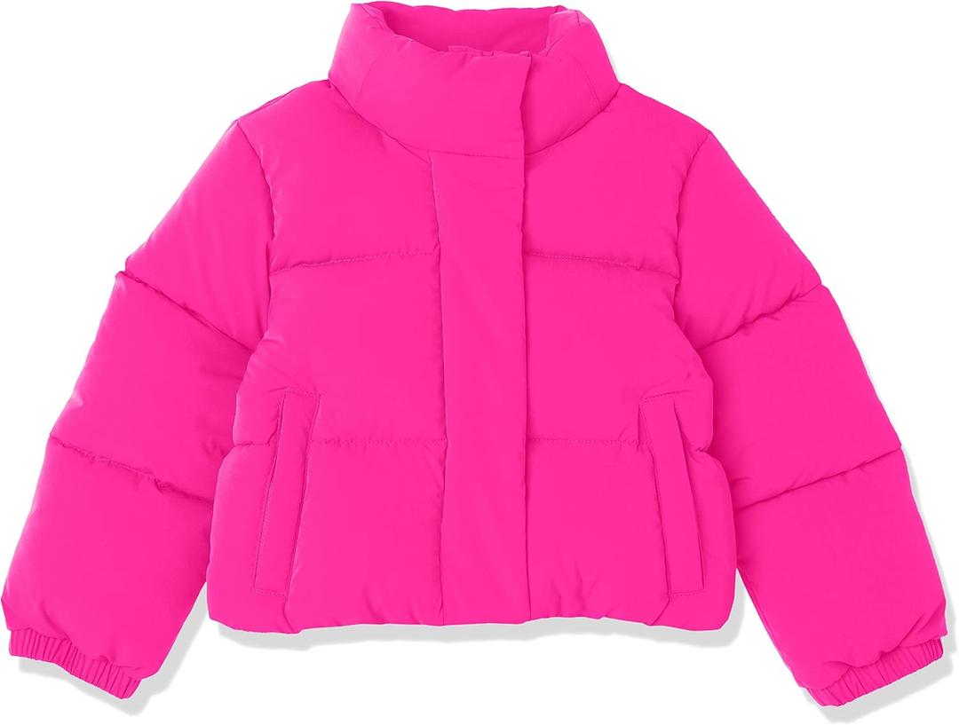 Amazon Essentials Girls and Toddlers' Cropped Full-Zip Puffer Jacket (Quilted Matte or Sherpa Fleece) (X-Large, Neon Pink)