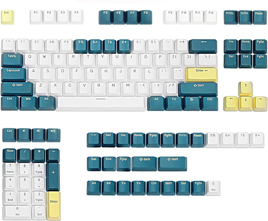 Happy Balls PBT Doubleshot Keycaps OEM Profile Custom Cherry MX Keyset for 61 63 64 66 68 84 87 96 100 104 108 MX Switches Mechanical Keyboards(Merlin Keyset) (White Cyan and Yellow)