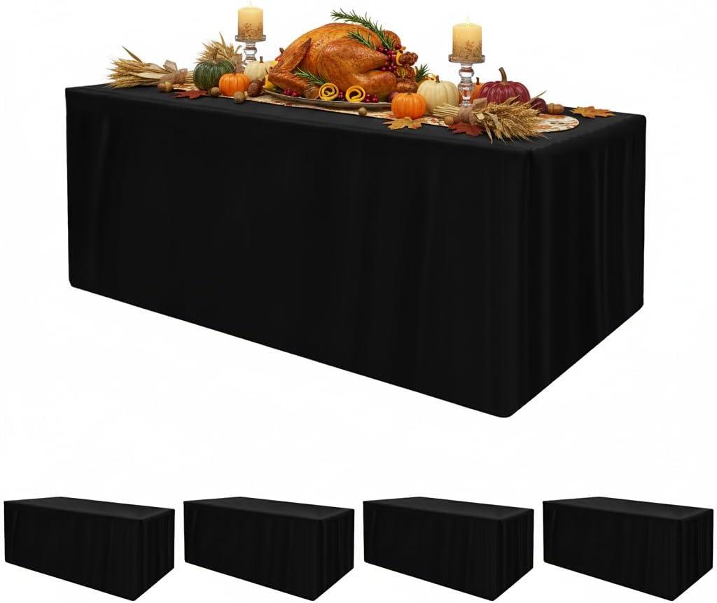 HolidayIdeas 4 Pcs Fitted Black Table Cloths for 6 Foot Rectangle Tables, Wrinkle Resistant Washable Table Covers 72x30 Inch for Vendor Booth Display, Banquet, Trade Show
