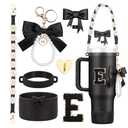 Rabrgab 7Pcs Black Stanley Cup Accessories for 40Oz 30Oz 20Oz, Women Teen Girls Gifts, Stanley Tumbler Cup Decoration with Straw Topper, Bow Charm, Silicone Boot, Handle Strap, Letter Sticker E