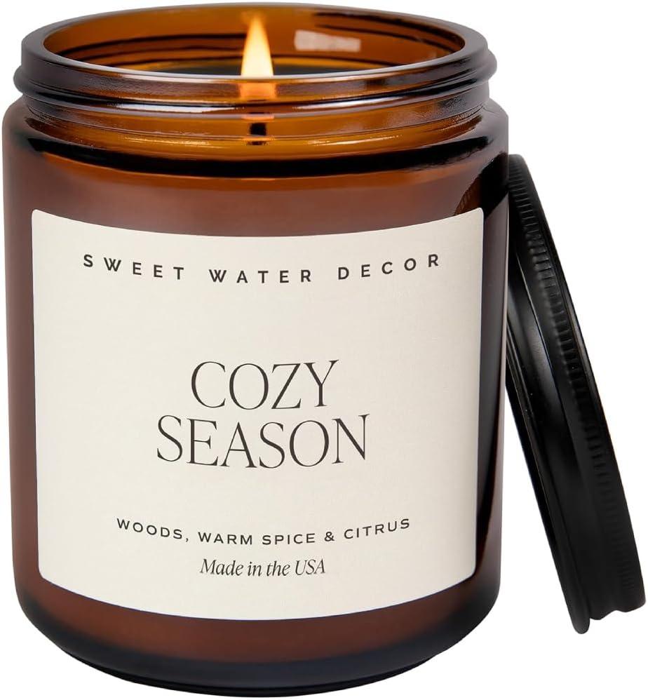 Sweet Water Decor Cozy Season Soy Candles - Fall Candles with Woods, Warm Spice, and Citrus Scent for Home Decor - Soy Candle with 40 Hours Burn Time - 9Oz Black Lid Amber Jar Candles Fall Scents (Tan Label)