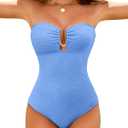 Jolefille One Piece Swimsuit Women Tummy Control Bathing Suit Bandeau Strapless Swim Suits Modest Swimwear Ribbed Shapewear (Blue, M)