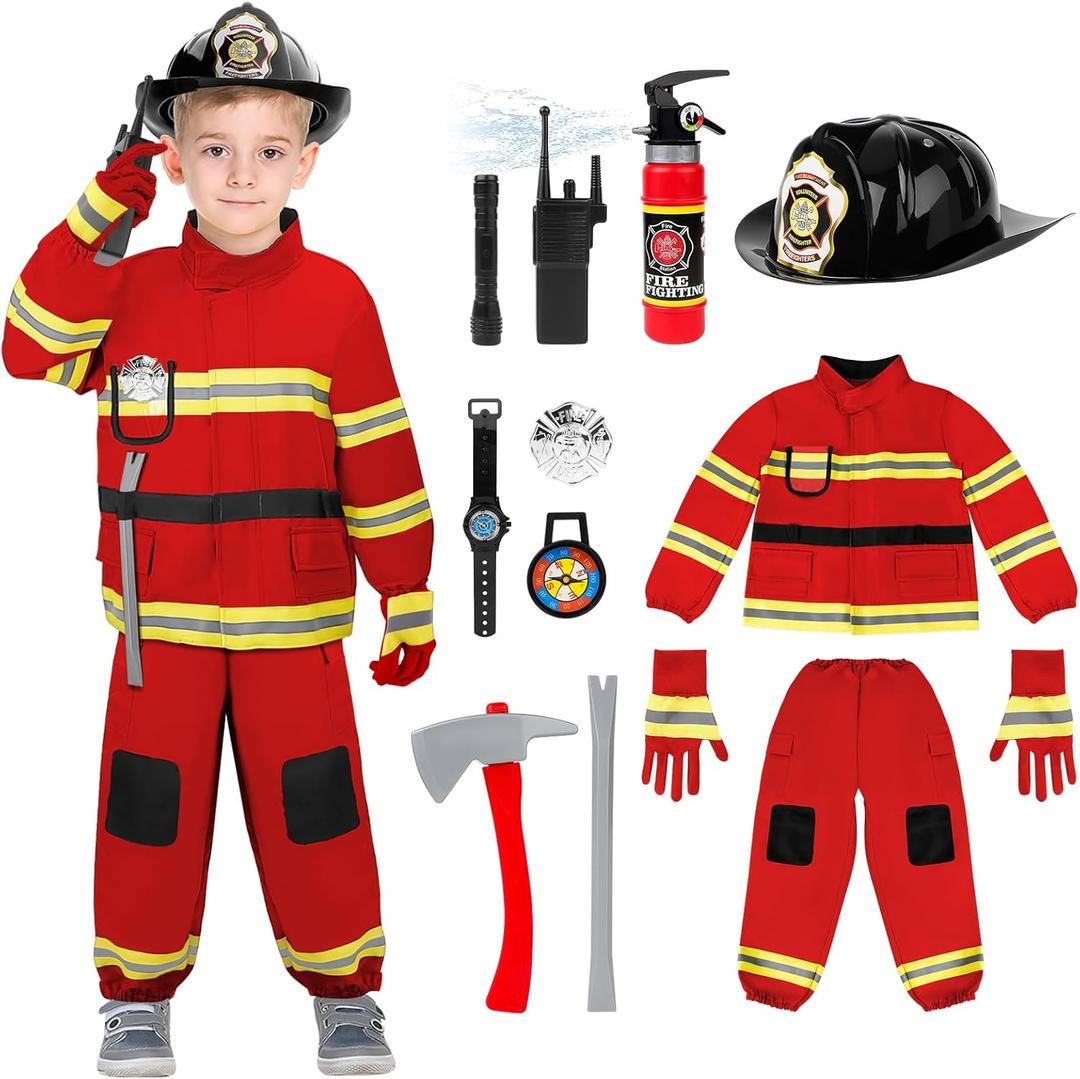 deAO Fireman Costume for Kids Firefighter Dress-Up Toy Set with Accessories Halloween Costumes Pretend Play Toy Gift for Boy (Small(4-6Y), Red)