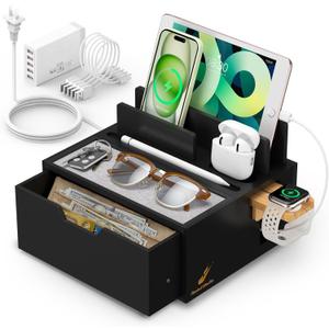 Pezin & Hulin Bamboo Charging Station for Multi Device, with Power Charger & Cables, Nightstand Docking Station with Lined Tray & Drawer, Compatible with Tablet, Cell Phones-Black